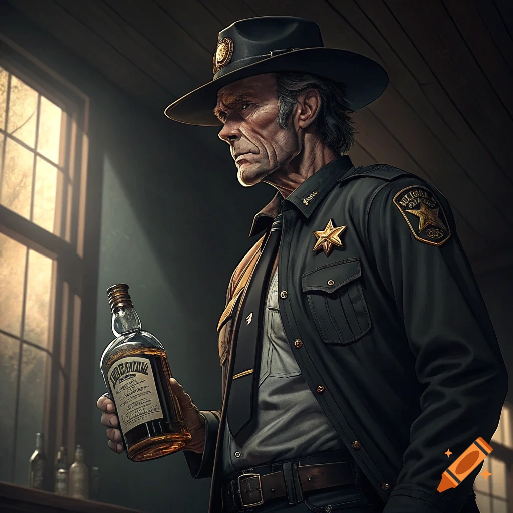 Man in sheriff's uniform holding a whiskey bottle in a dimly lit room, dramatic style.