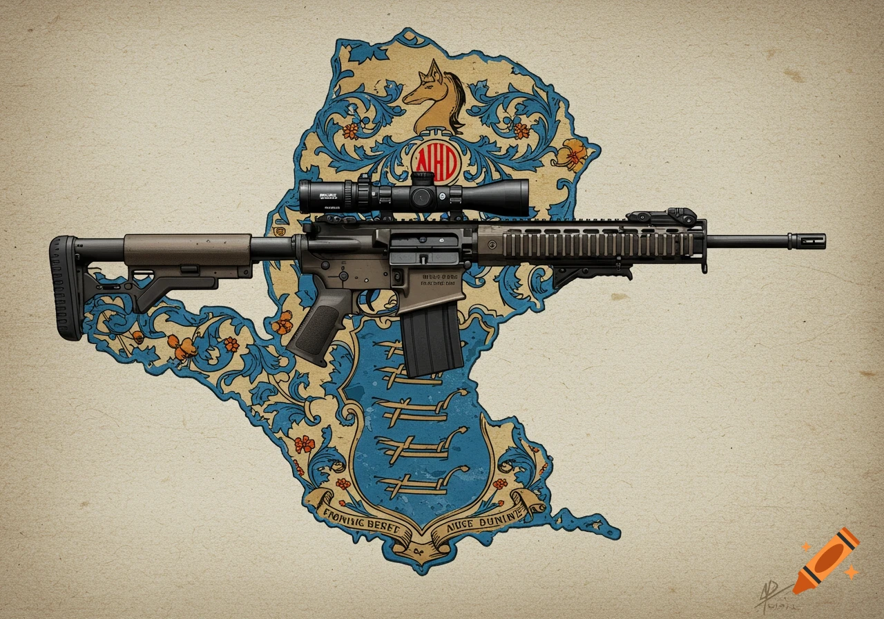 Modern rifle centered over a stylized state outline with decorative scrollwork.