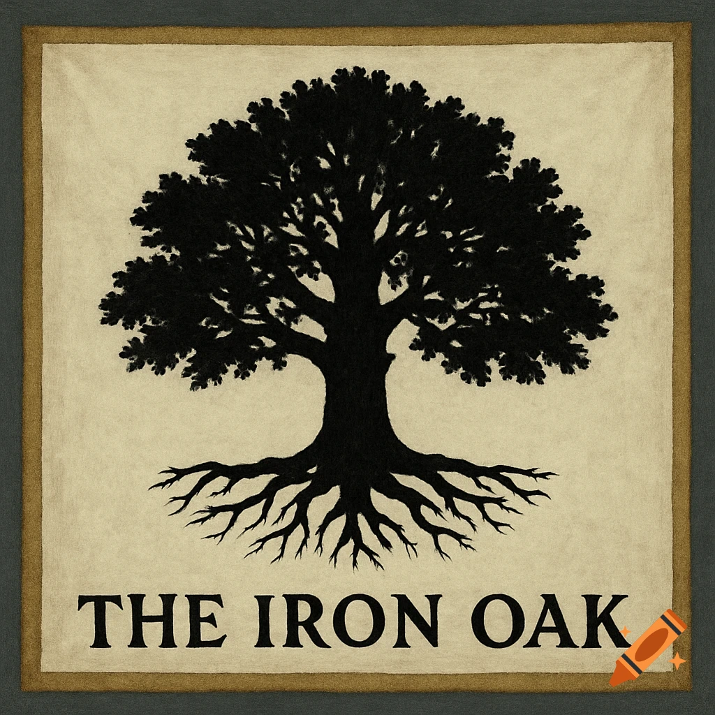 A black silhouette of an oak tree with exposed roots and widespread branches above the text "THE IRON OAK" on a light background with a brown border.