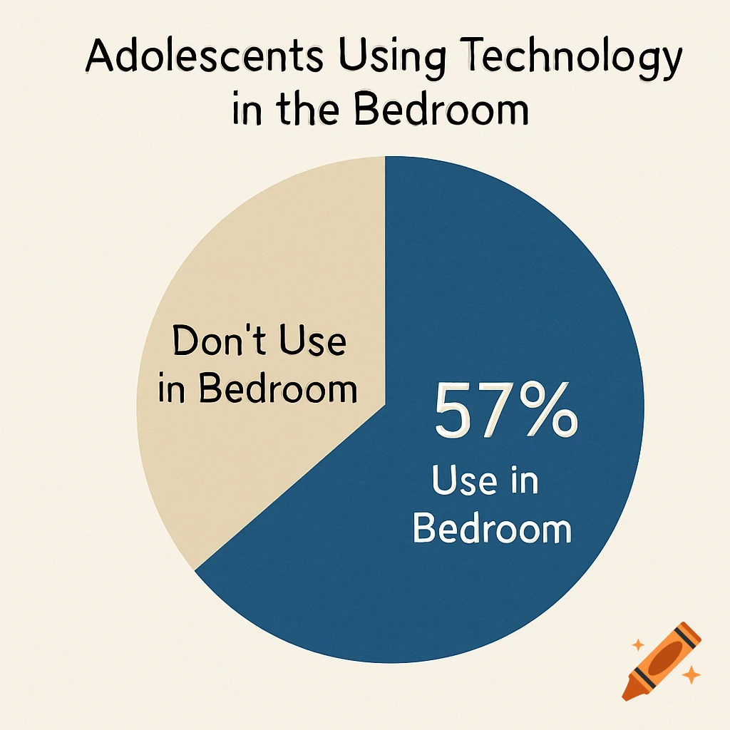Pie chart showing 57% of adolescents use technology in the bedroom.