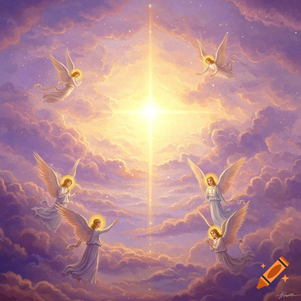 Angels with halos fly among radiant clouds towards a bright star in a purple and gold sky.