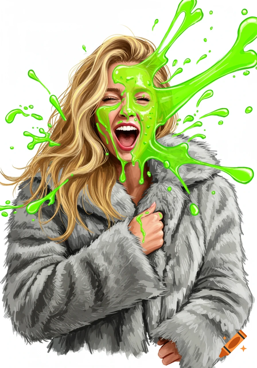 Young woman with blonde hair in grey fur coat covered in green slime