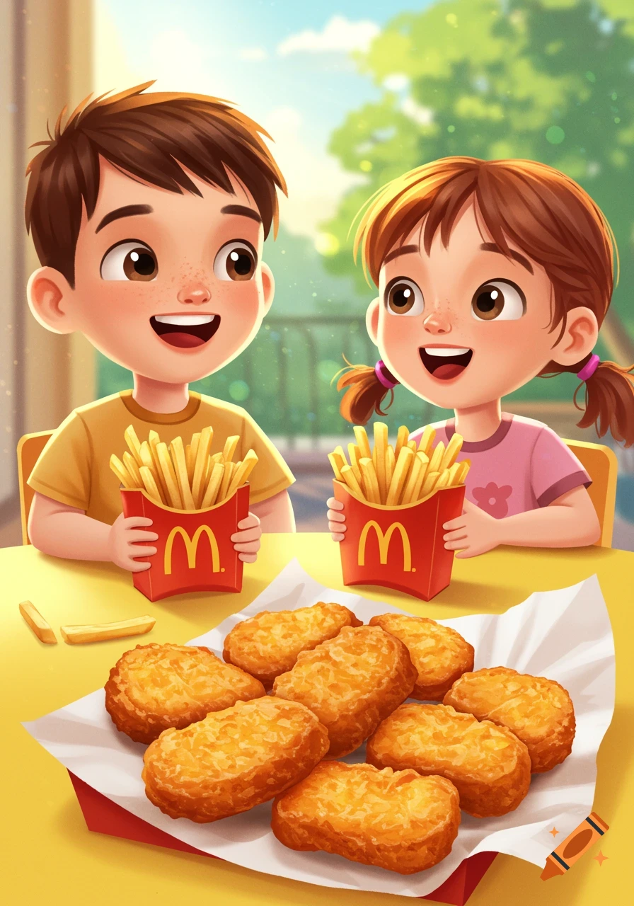 Cartoon illustration of two happy children holding boxes of McDonald's fries with chicken nuggets on the table.