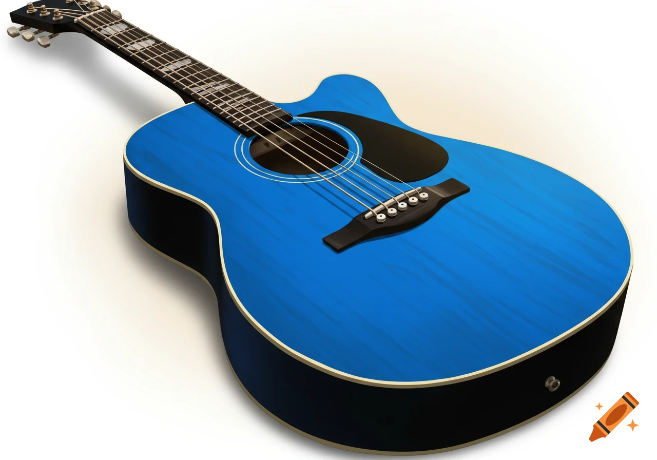 A close-up view of a blue acoustic guitar.