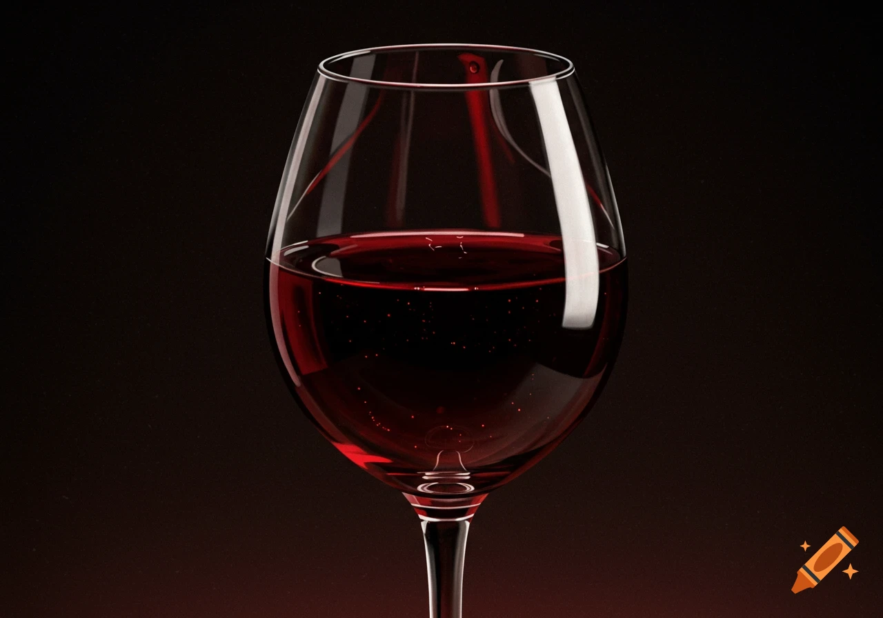 A close-up shot of a glass of red wine against a dark background.