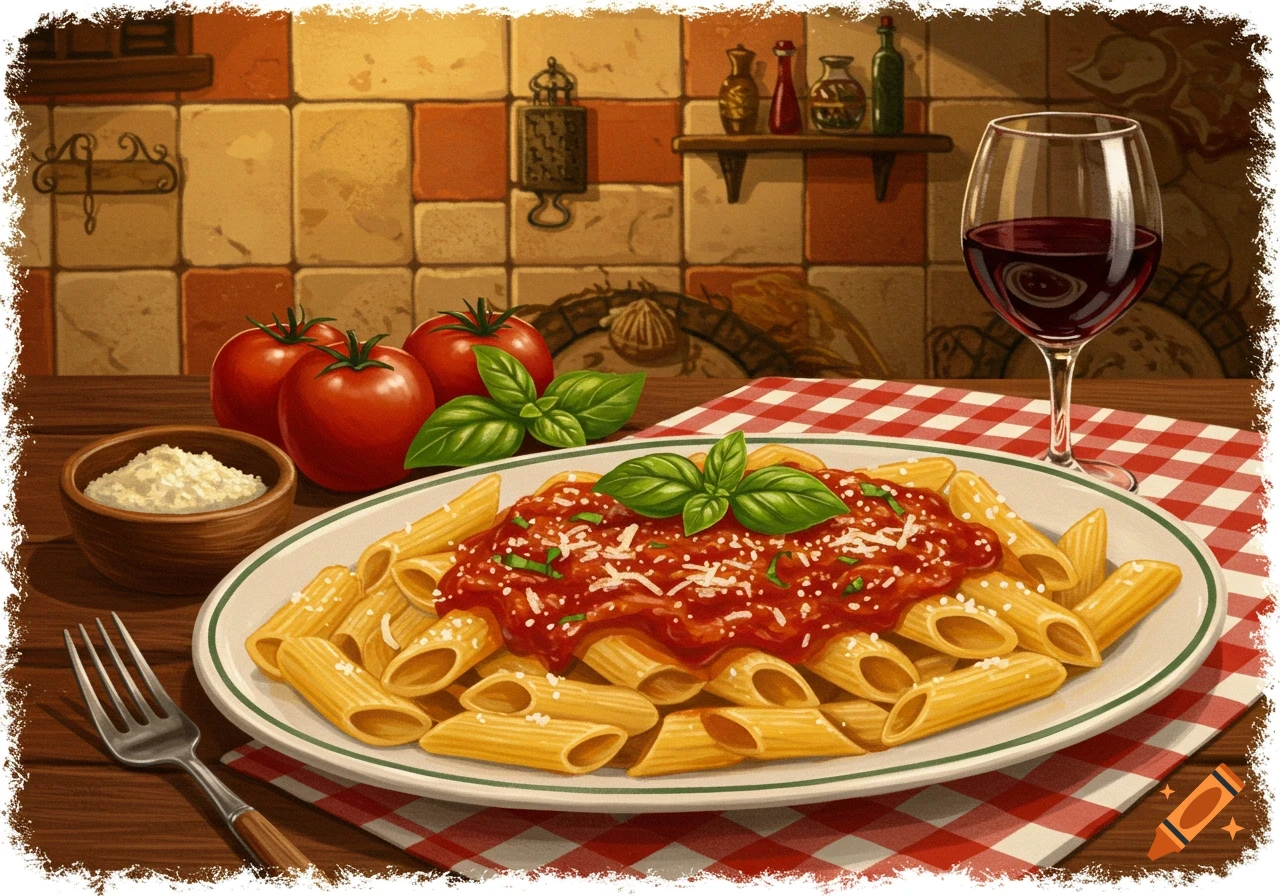 Detailed illustration of penne pasta with marinara sauce, basil, tomatoes, cheese, fork, and wine.