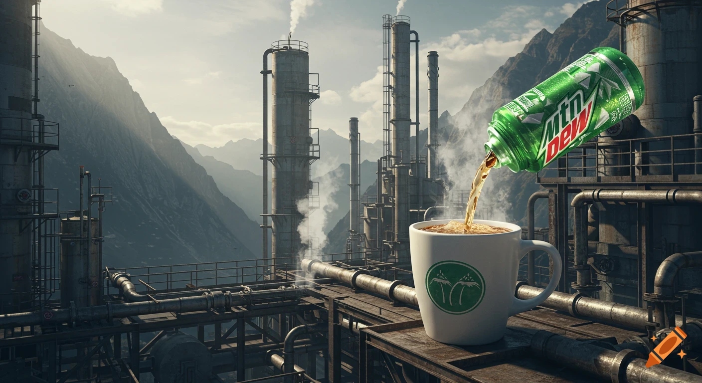 A Mountain Dew can pours liquid into a white coffee mug on a platform at an industrial refinery with mountains in the background. Photorealistic style.