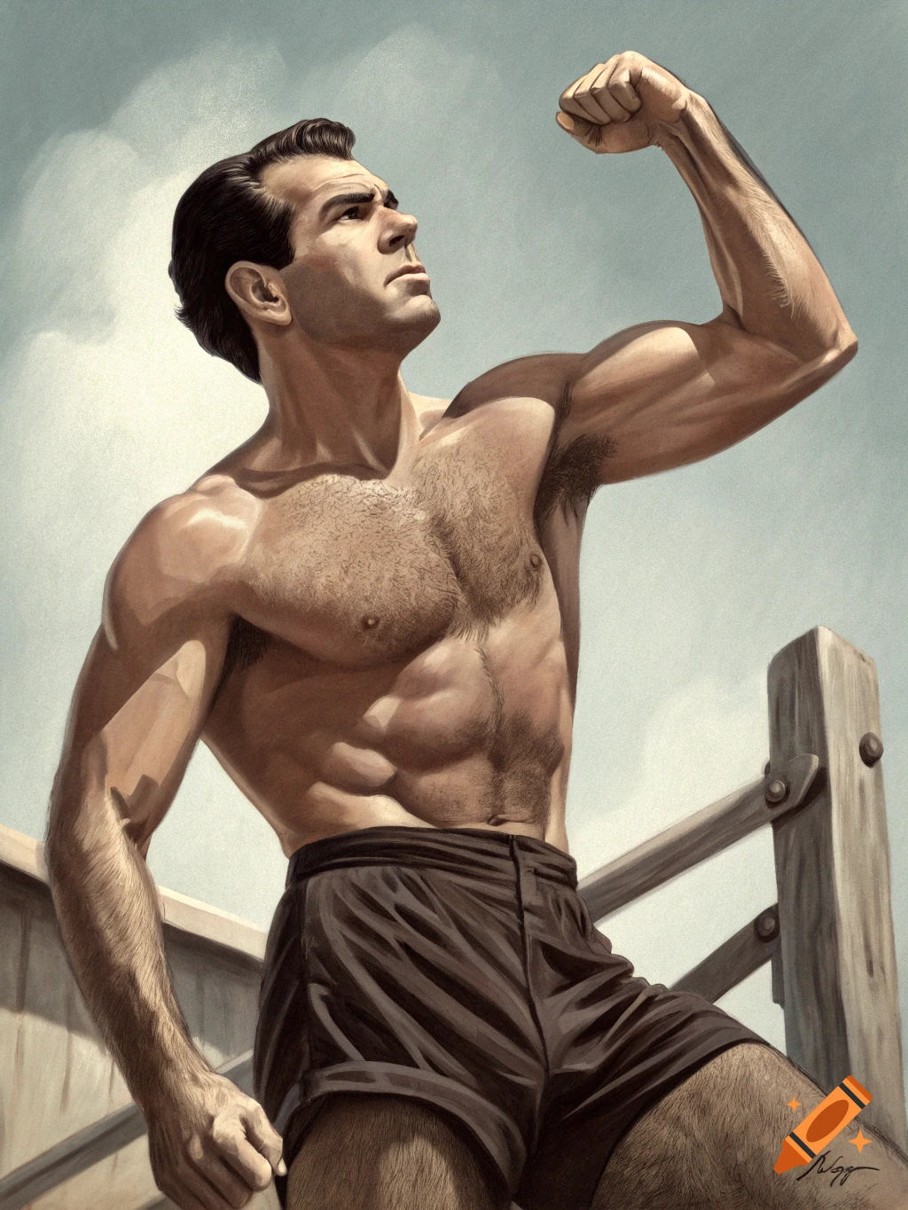 Muscular man posing outdoors, painted in a retro illustration style.