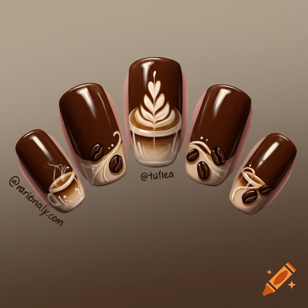 Artificial nails decorated with coffee designs like latte art and coffee beans.