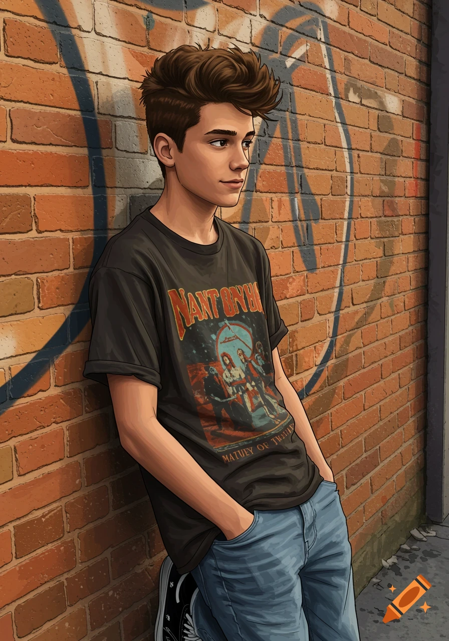 Illustration of a teenage boy with messy hair, dark graphic t-shirt, and jeans leaning against a graffiti brick wall.
