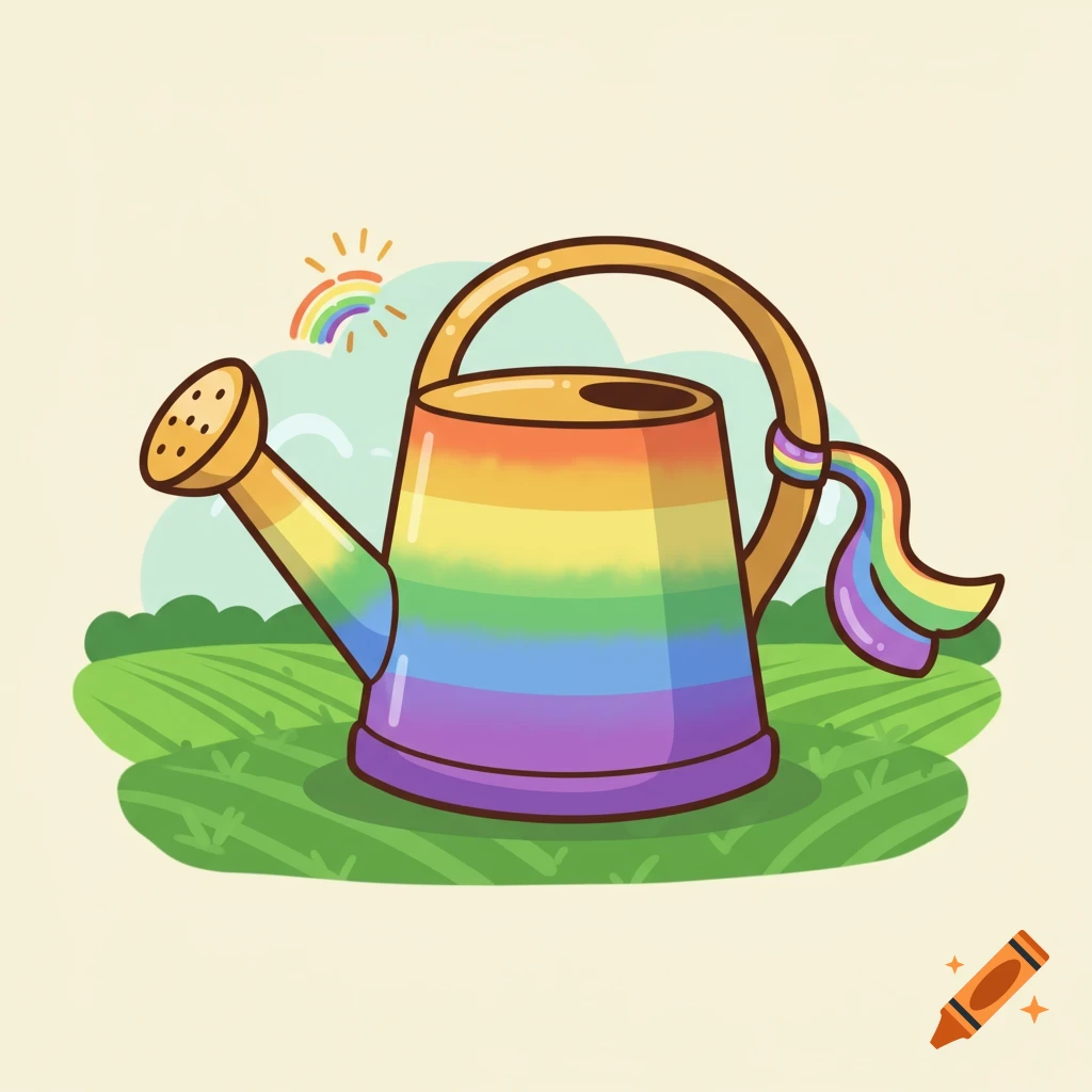 Cartoon illustration of a rainbow-colored watering can in a field with a rainbow in the sky.