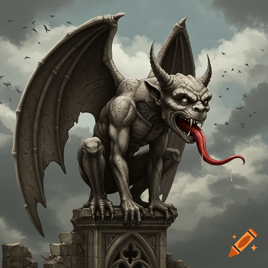 A realistic shaded gargoyle sits on gothic architecture against a cloudy sky, its tongue extended.