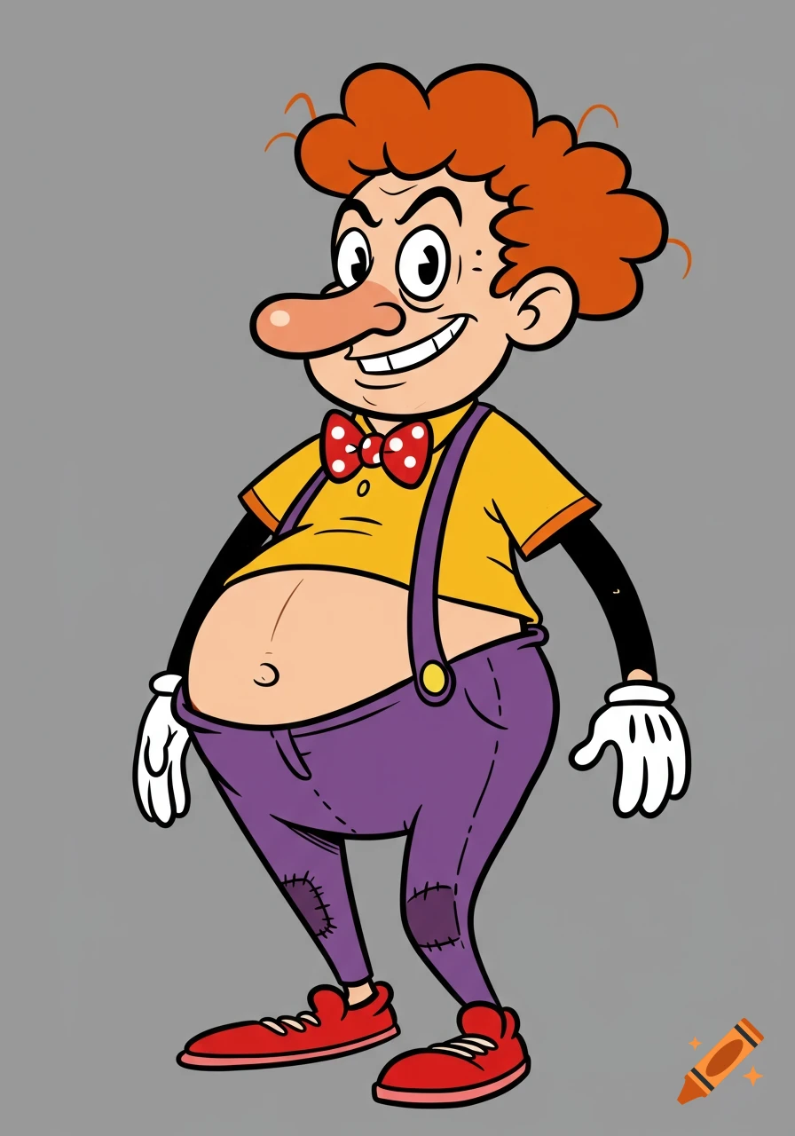 Cartoon character with red curly hair, big nose, belly, yellow shirt, red bow tie, purple suspenders, and red shoes.