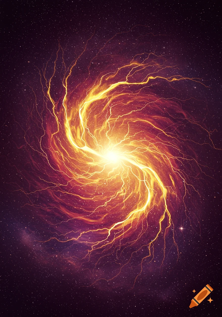 A swirling vortex of orange and yellow energy and lightning against a starry purple background.