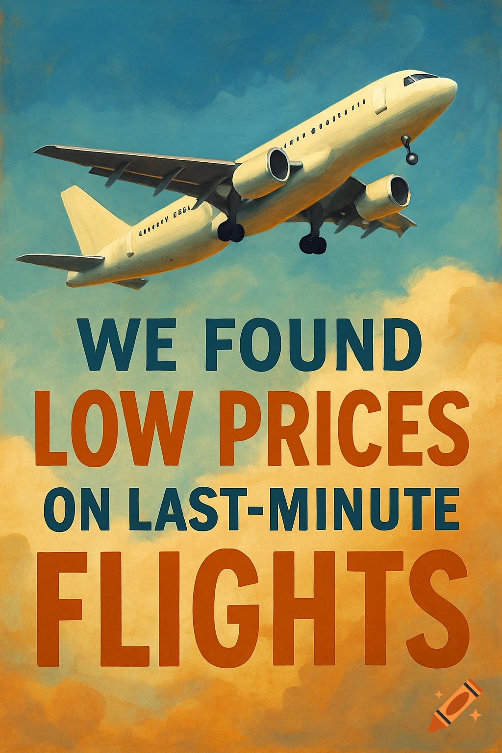 Vintage style poster with an airplane and text reading "WE FOUND LOW PRICES ON LAST-MINUTE FLIGHTS"