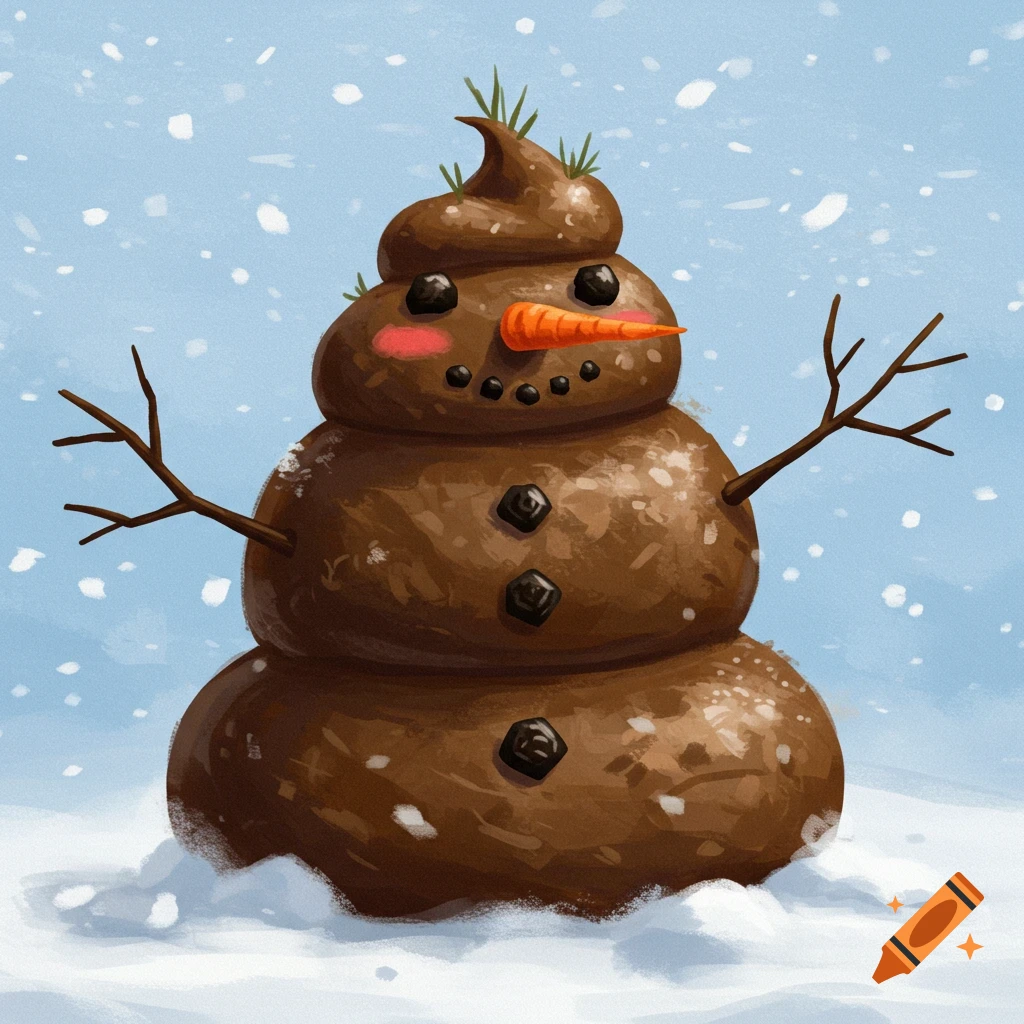 An illustration of a snowman made of brown feces with branch arms and a carrot nose, standing in snow with snowflakes falling.