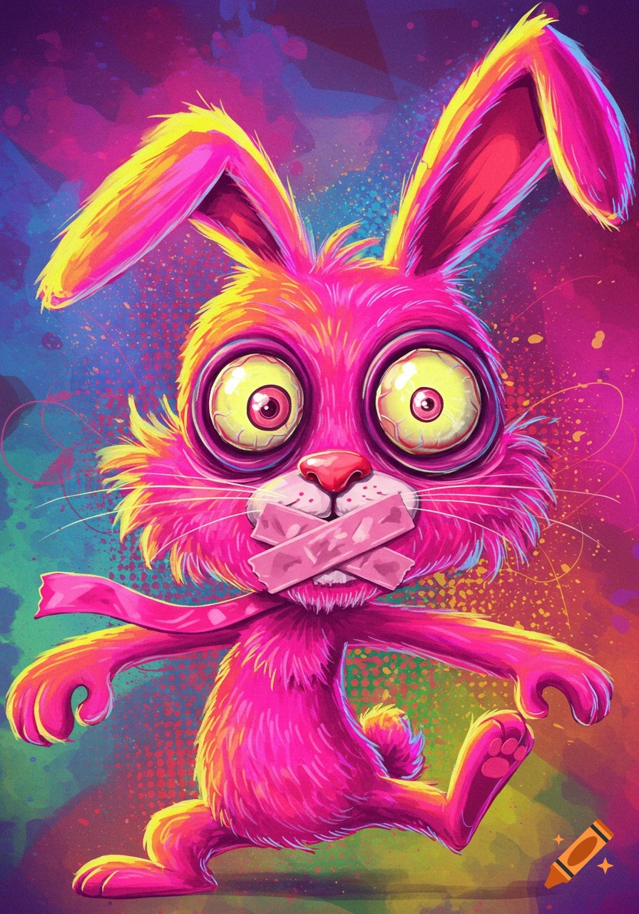Vibrant cartoon illustration of a pink rabbit with wide eyes and its mouth taped shut.
