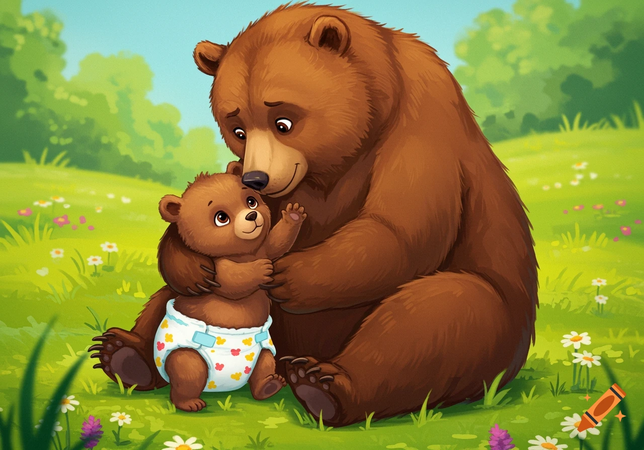 Cartoon illustration of a mother bear hugging her baby bear wearing a diaper in a grassy meadow.