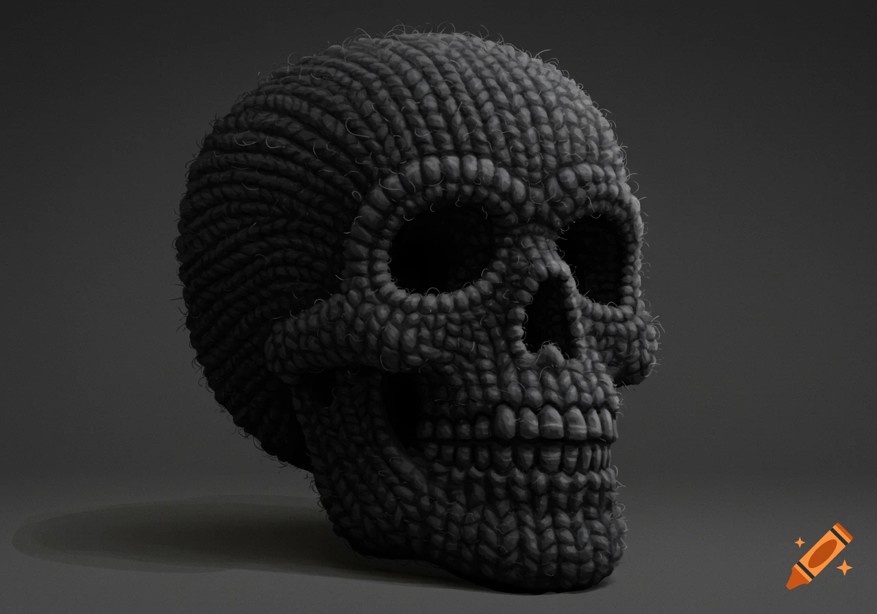 A detailed close-up of a skull made from dark knitted wool against a dark background.