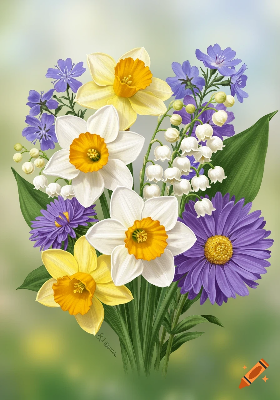 An illustration of a bouquet with yellow and white daffodils, white lily of the valley, and purple asters.