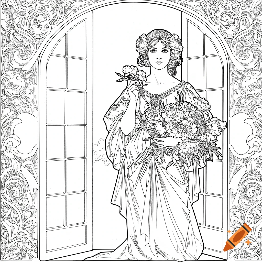 Art Nouveau style line drawing of a woman holding a large bouquet of peonies by French doors.