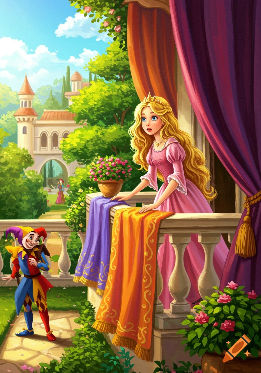 An illustration of a princess on a castle balcony looking down at a jester in the garden below. Fairytale style.