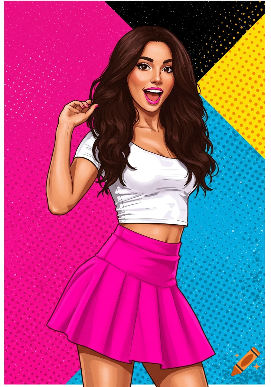 Illustration of a woman in a crop top and pink skirt in pop art style