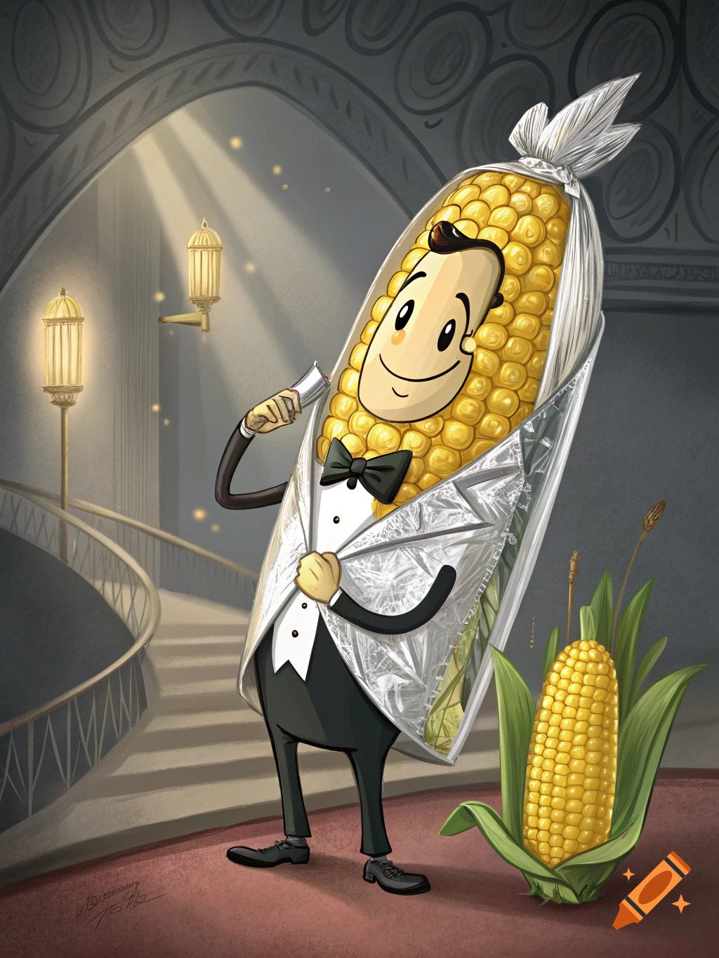 Cartoon corn on the cob dressed as James Bond in a tuxedo in a grand hall.