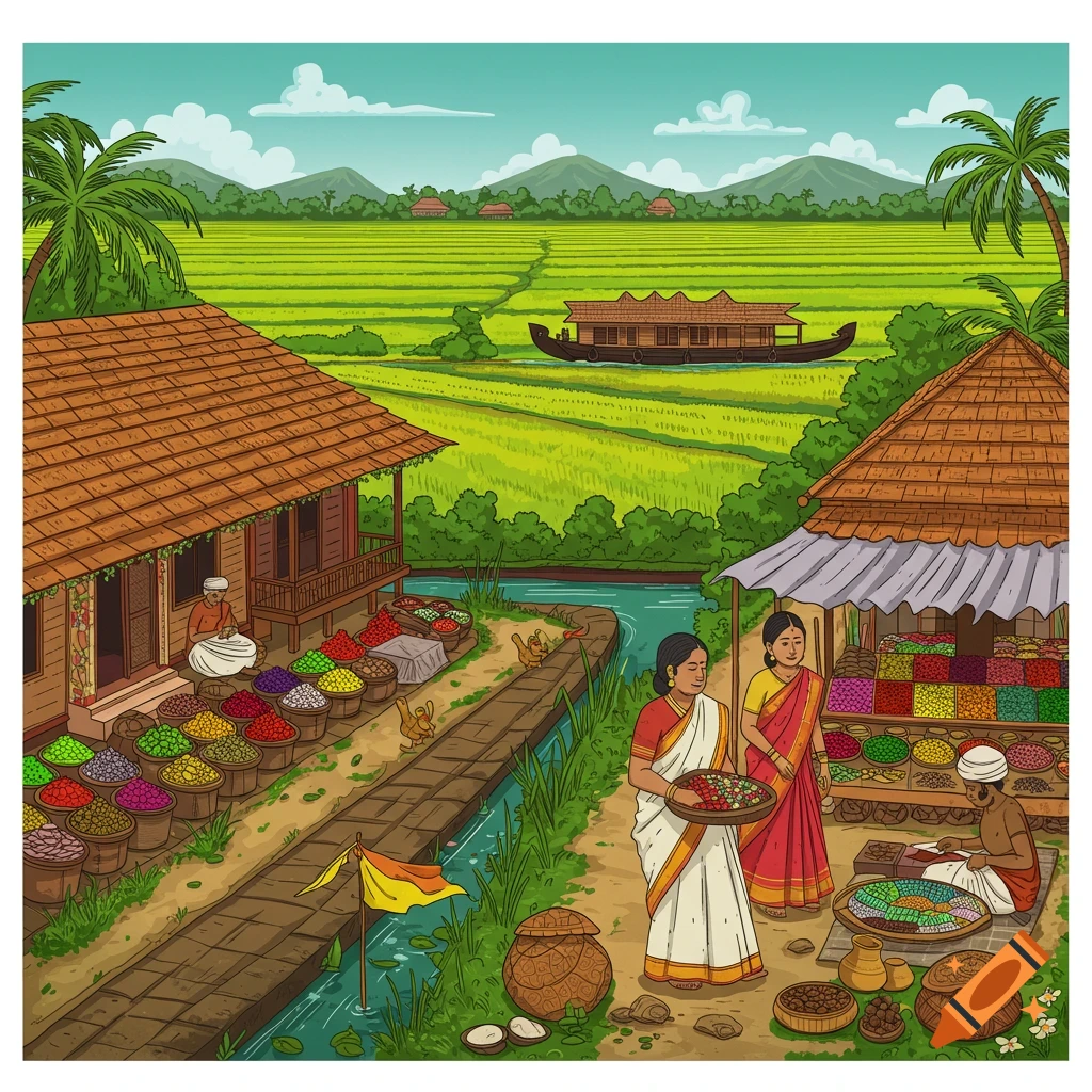 Colorful vector illustration of a rural landscape in Kerala, India, with rice paddies, houses, a boat on a waterway, market stalls, and people.