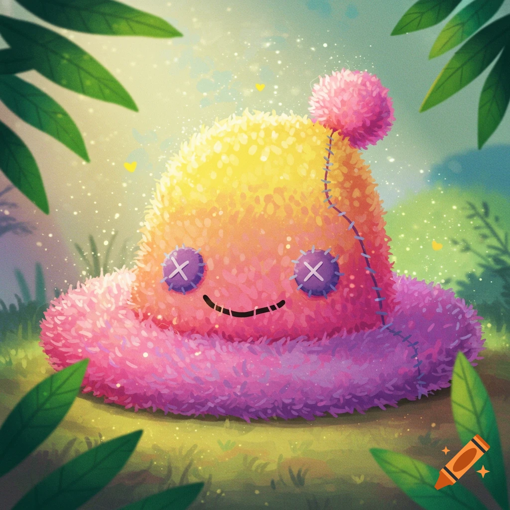 A colorful fuzzy creature plushie with stitched eyes and mouth sits in the grass.