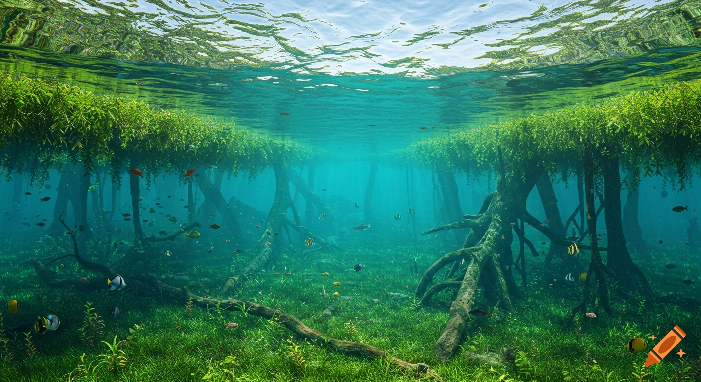Underwater view of a flooded jungle with tree roots, lush vegetation, clear water, and tropical fish in a hyperrealistic style.