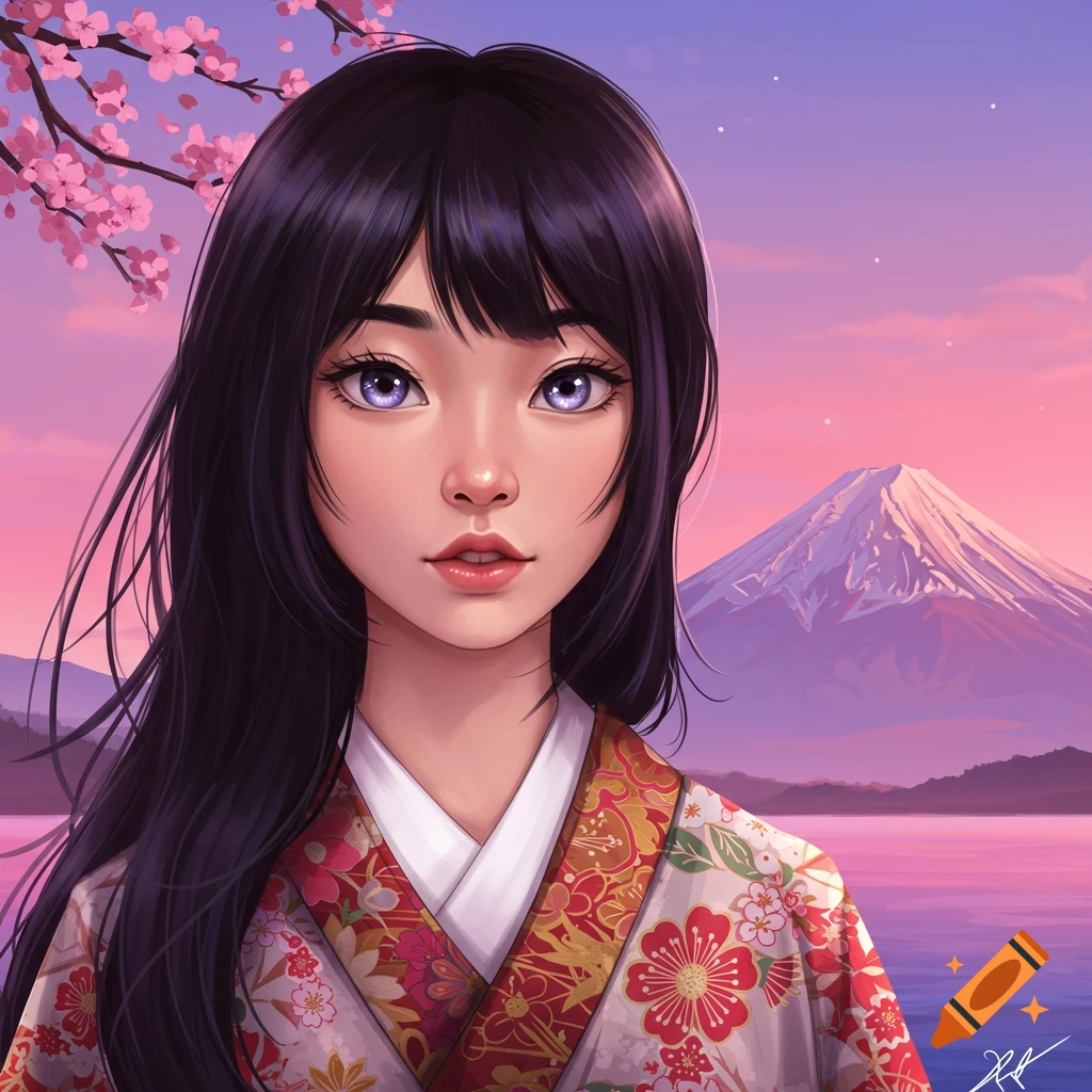 Digital art portrait of a young woman in a kimono with cherry blossoms and Mount Fuji.