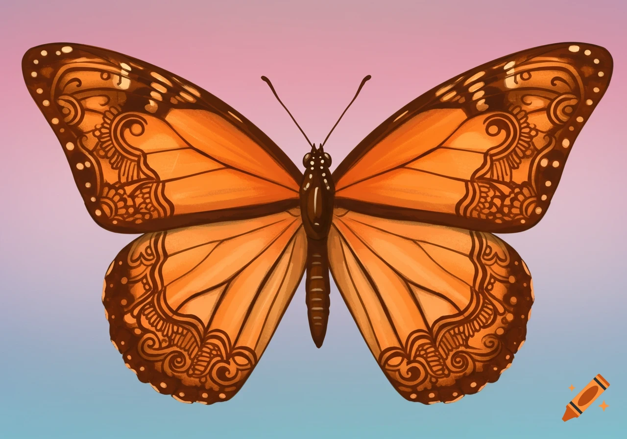 A butterfly with intricate henna patterns on its orange and brown wings against a gradient background.