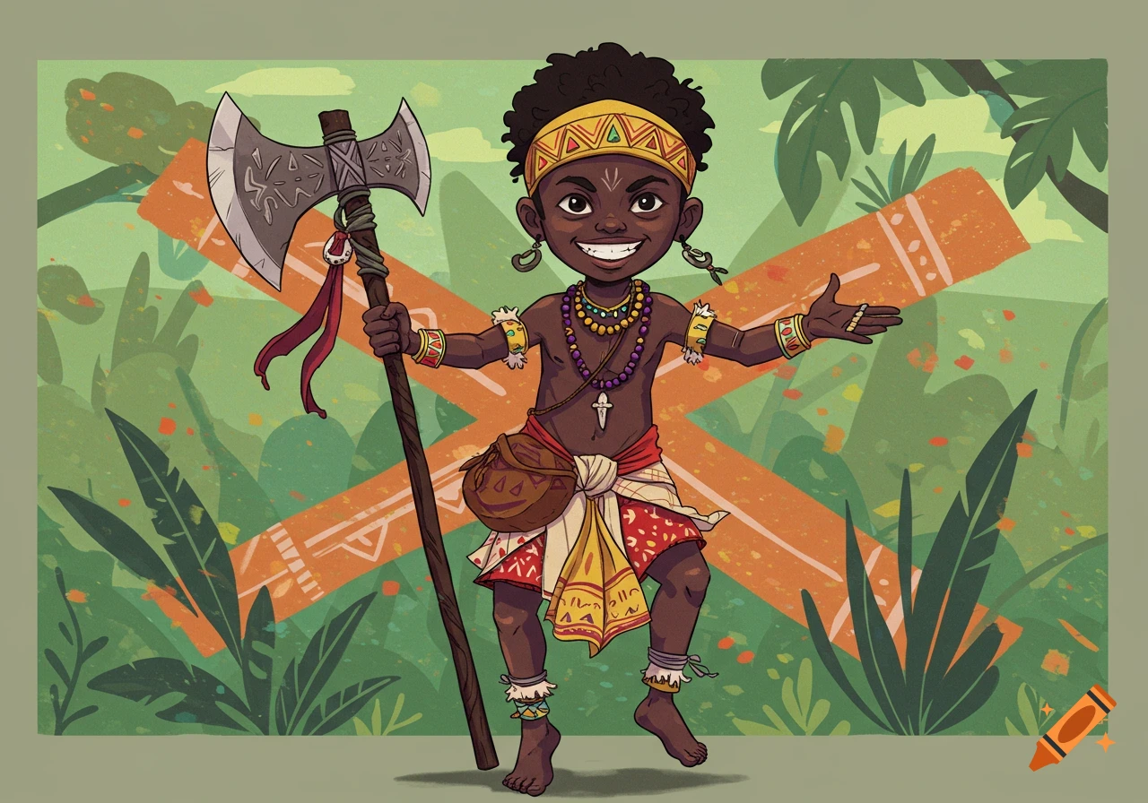 Illustration of a child-like figure with an axe standing in a jungle