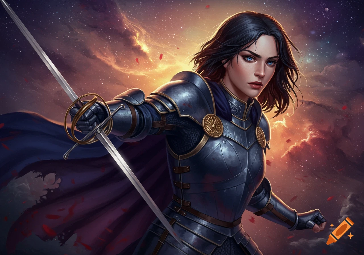 Woman in dark fantasy armor holds a sword against a dramatic cosmic sky with falling petals, digital art style.