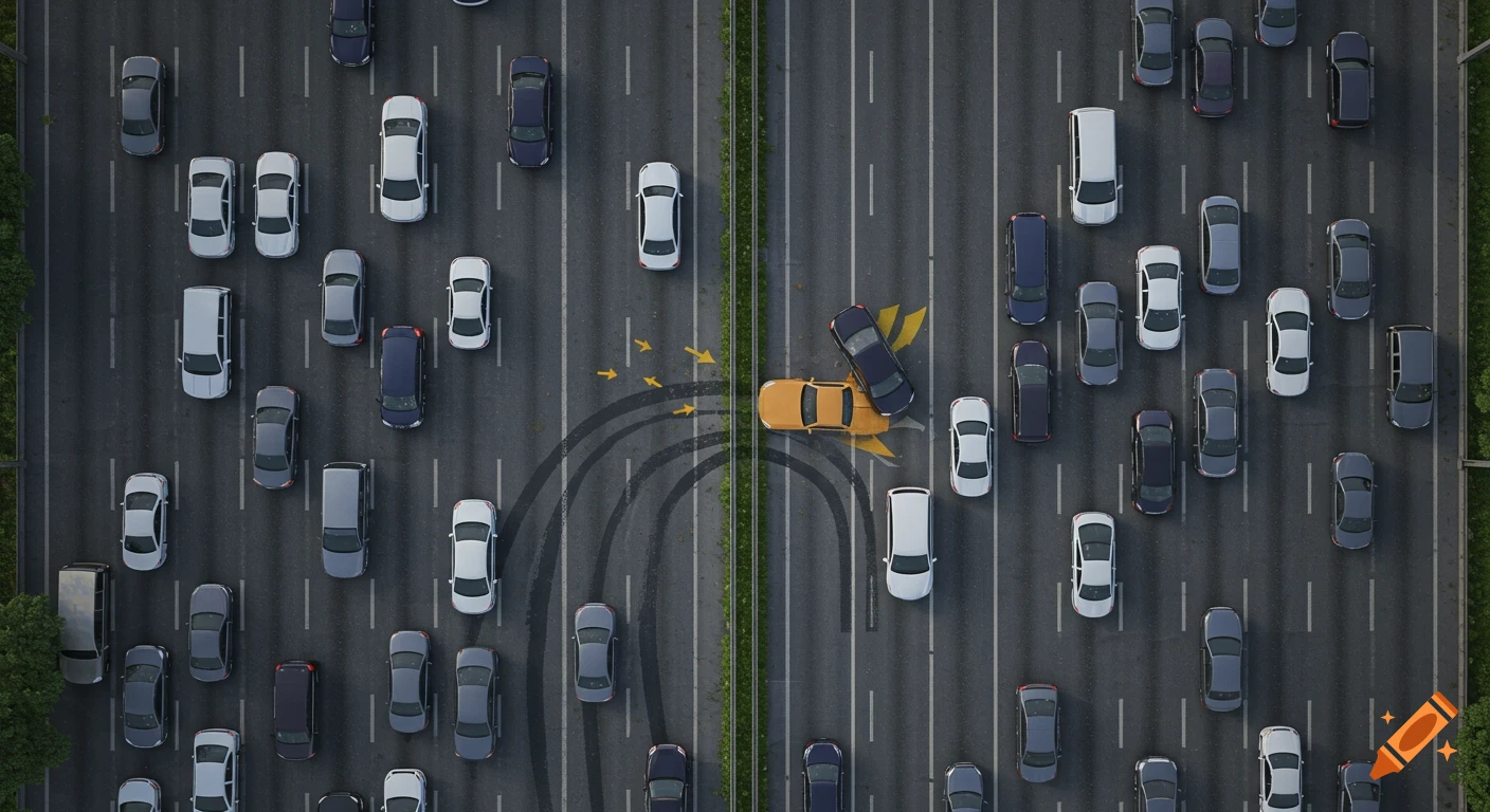 Aerial view of a car crash between a yellow and blue car on a busy highway surrounded by traffic.