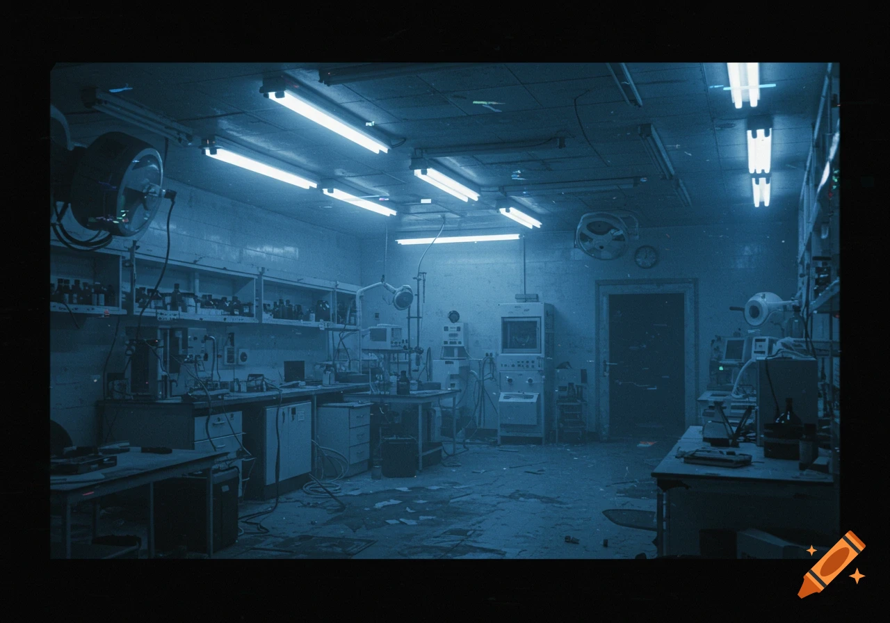 Messy, abandoned lab at night in a dark, liminal, dreamcore aesthetic.