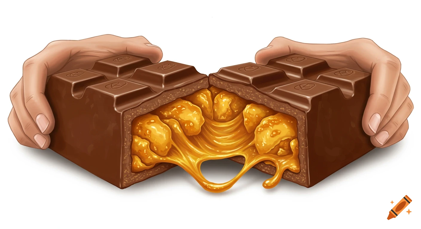 Illustration of hands holding a chocolate bar split open, revealing a gooey caramel and crunchy filling.