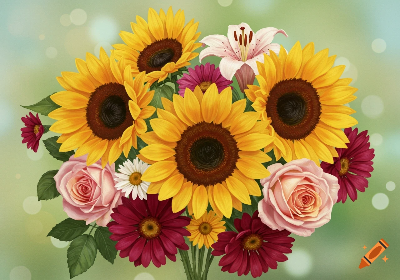 A vibrant bouquet of sunflowers, pink roses, white daisies, pink lilies, and red gerberas on a blurred background.