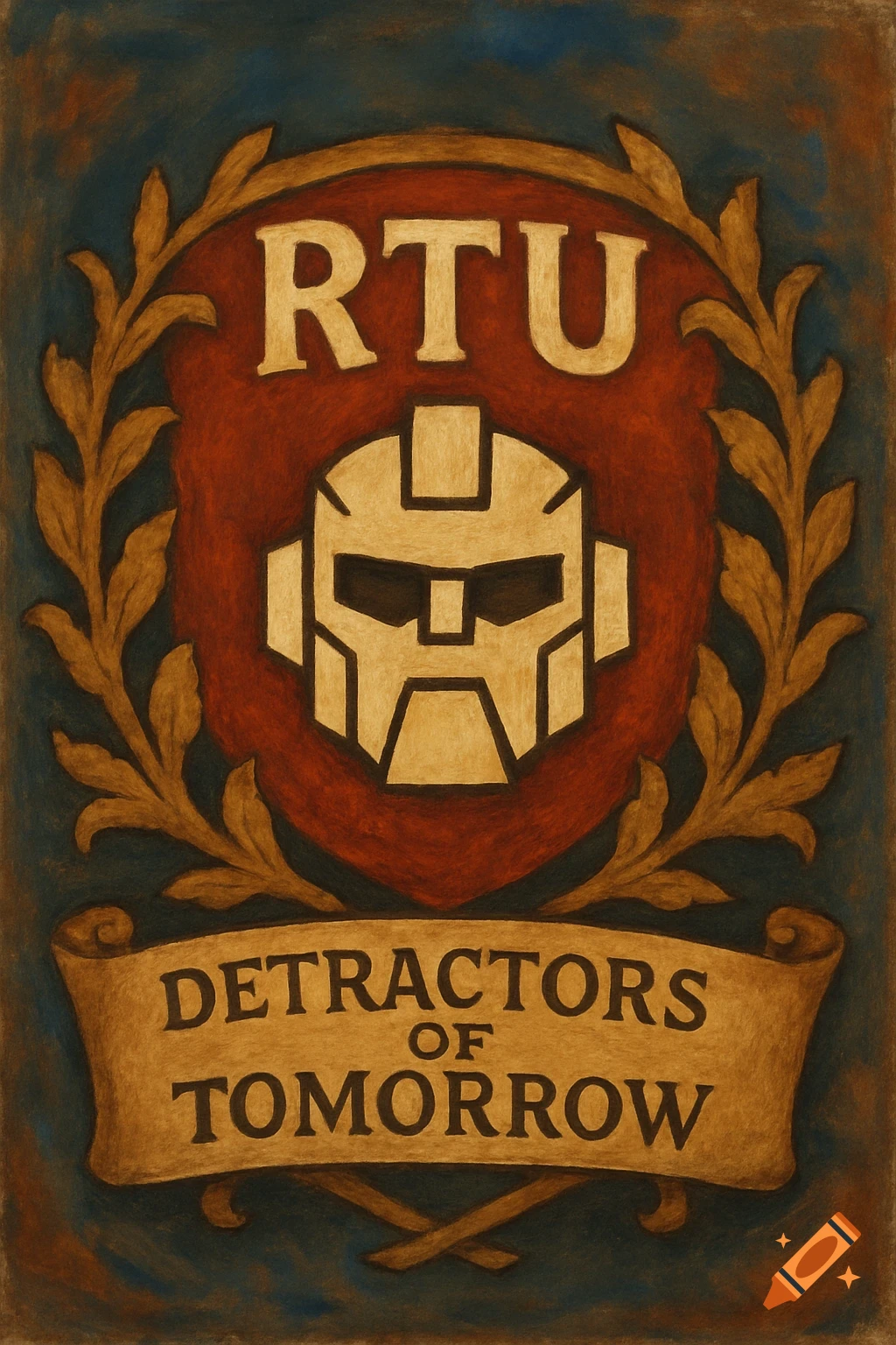 A painted-style logo with a stylized white robot head on a red shield, framed by golden leaves, and a banner below reading "DETRACTORS OF TOMORROW".