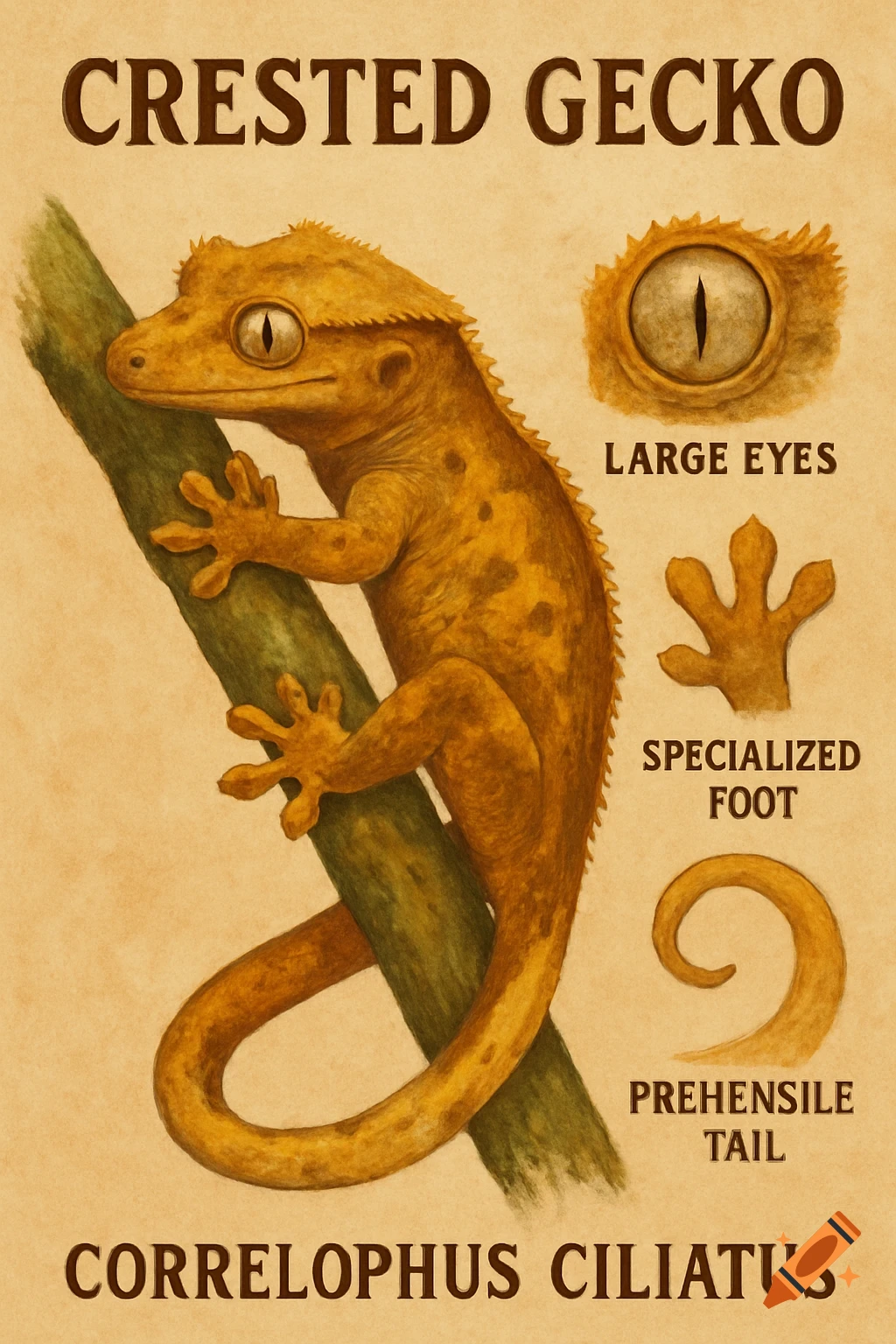 Illustration of a crested gecko with labels for its large eyes, specialized foot, and prehensile tail.