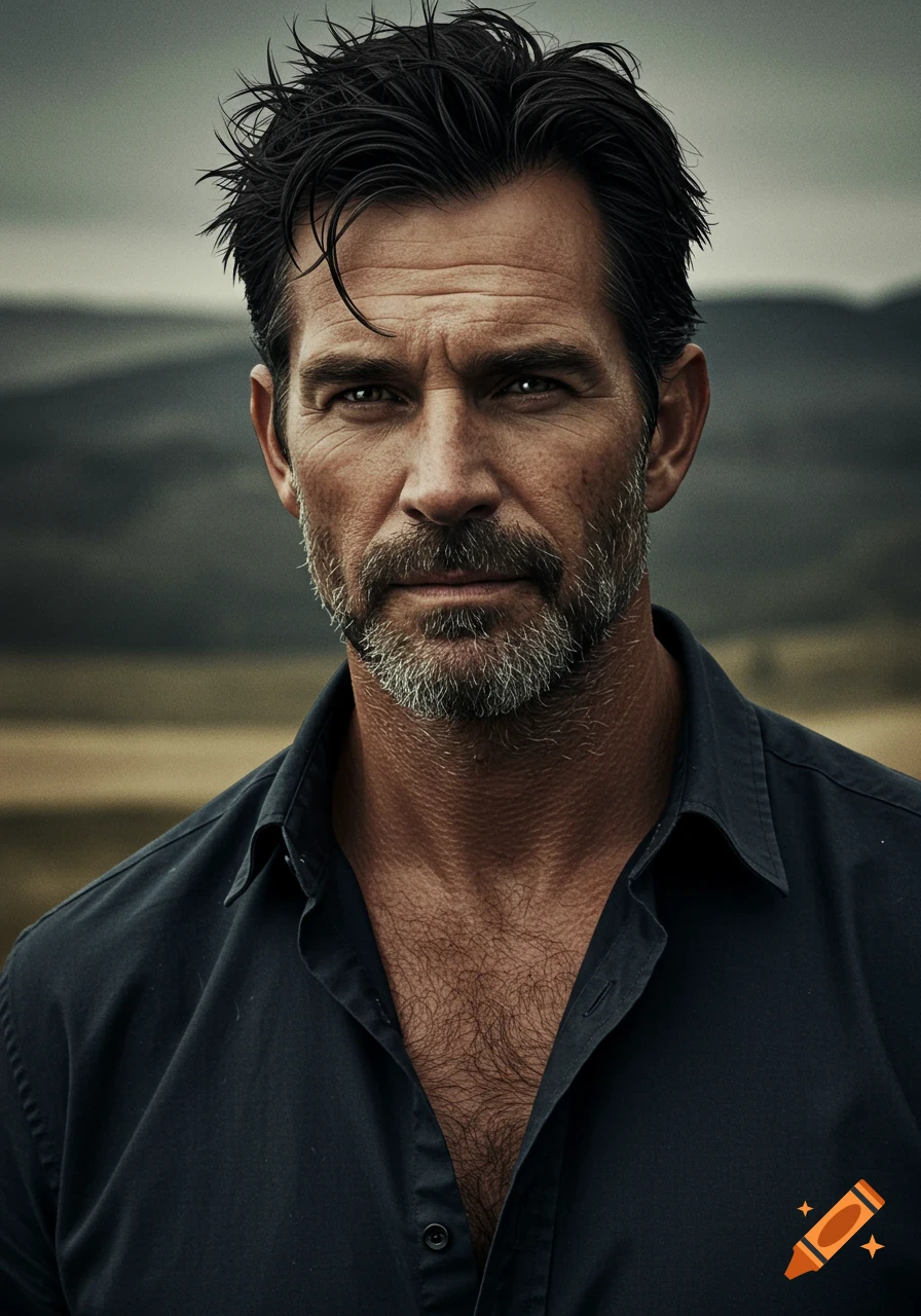 Close-up portrait of a rugged middle-aged man with stubble and dark hair, wearing a dark shirt, standing outdoors.