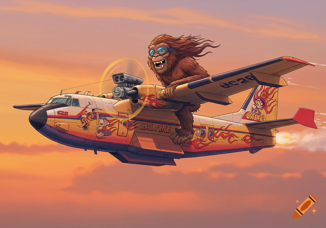 Illustration of a Sasquatch wearing goggles, riding on top of a CAL FIRE tanker airplane in the sky.