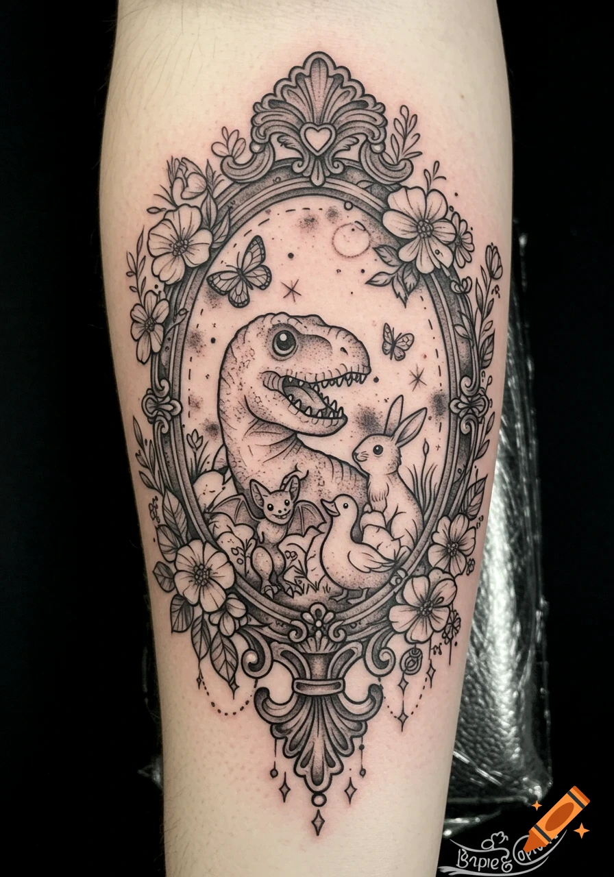 Black and grey tattoo of a cartoon T-rex, bat, bunny, and duck inside an ornate gothic floral frame.
