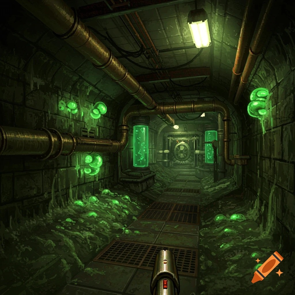 First-person view down a dark, green-lit pixel art corridor with pipes, slime, and grates, in the style of classic Doom.