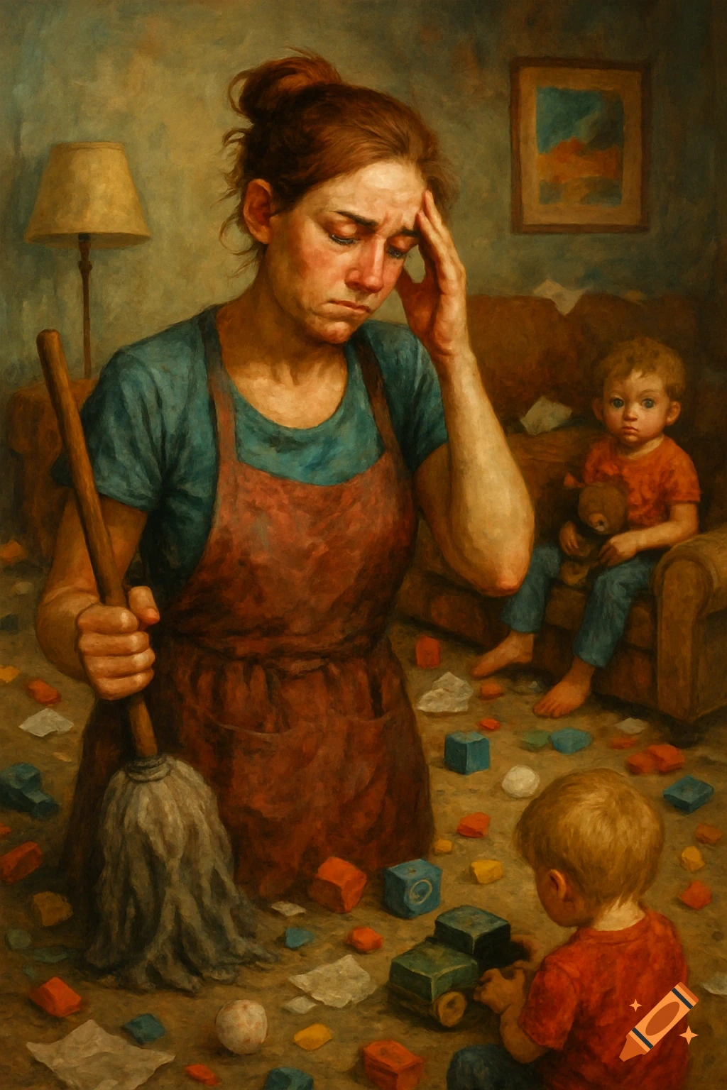 Painting of a stressed mother holding a mop in a messy room with two young children.