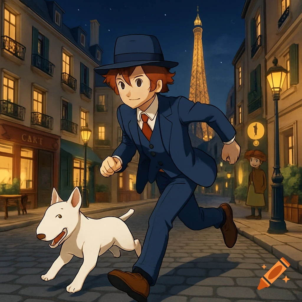 Anime style image of a boy and a white bull terrier running down a Paris street at night.