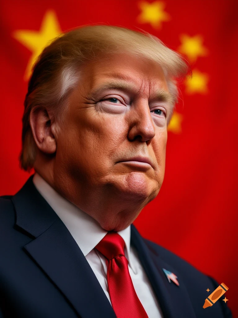 A photorealistic portrait of Donald Trump in front of the Chinese flag ...