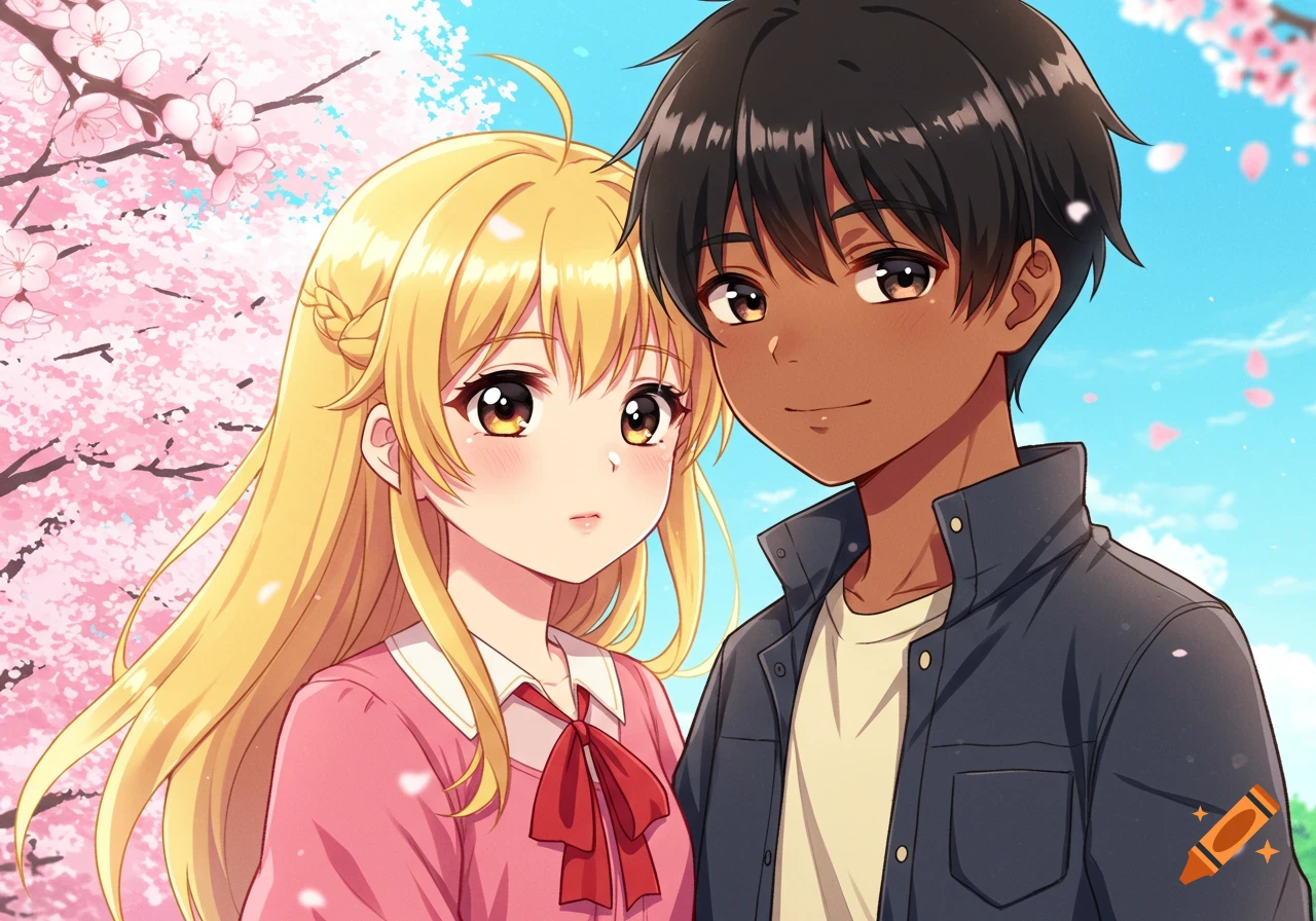 Anime couple under cherry blossoms.