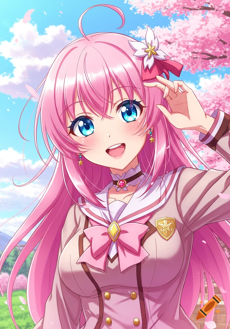 Anime girl in a school uniform with pink hair and blue eyes stands under cherry blossoms.